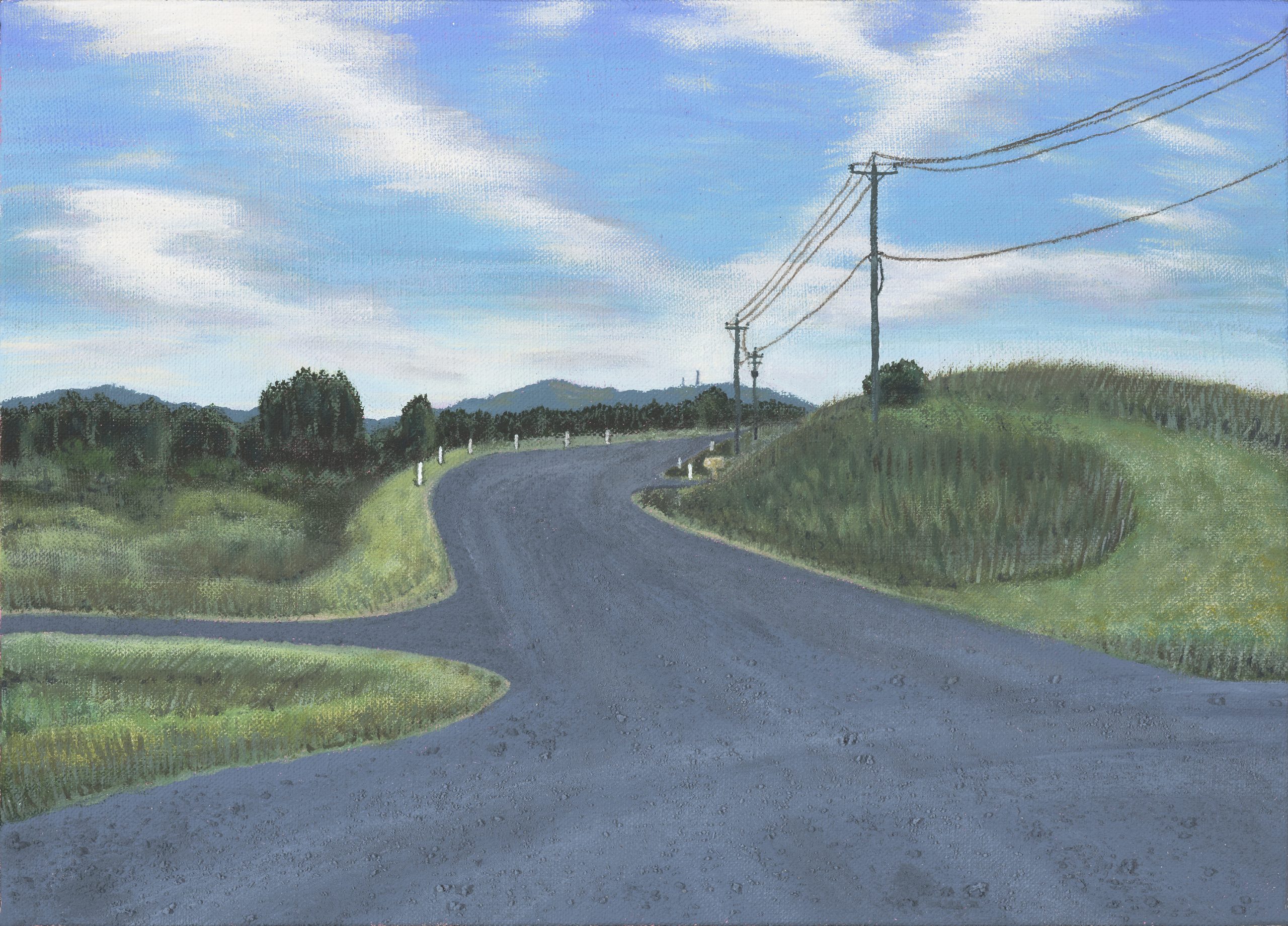 LucyStackpoolTurningCircle2023ImageCourtesyOfBrentonMcGeachie Green grassy verges flank either side of a road extending into the centre of the work and passing under electricity lines. At the forefront is the end of a turning circle in the road.